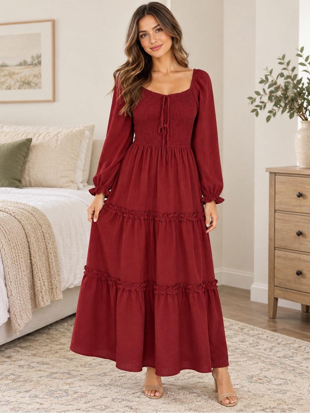 Grace Wine Red Smocked Maxi Dress with Puff Sleeves